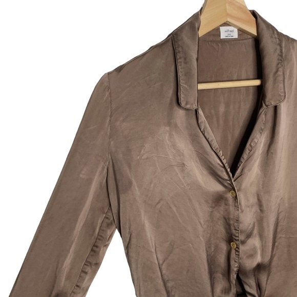 Wilfred Aritzia Gold Shimmer Tan Button Up Top Blouse Tie Cognac 2XS Cupro - Picture 6 of 16